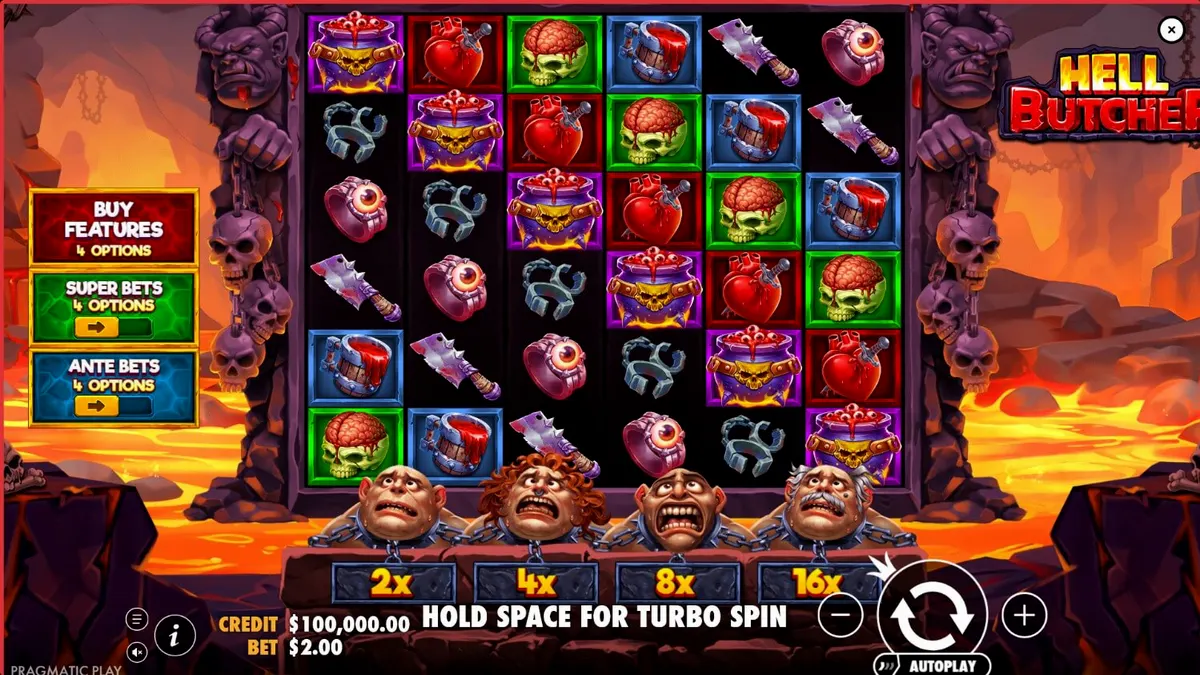 Interface do jogo Hell Butcher com elementos de terror e multiplicadores