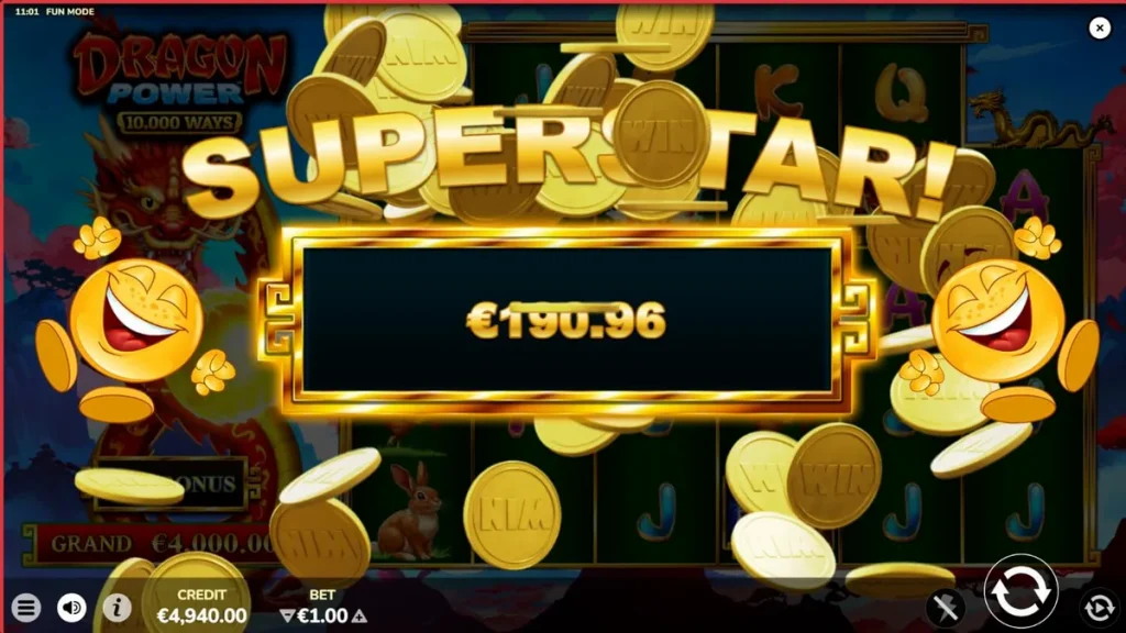 Interface vibrante e dourada do slot Dragon Power 10,000 Ways com dragões e orbes brilhantes